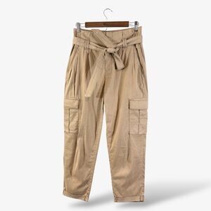 WHBM Extra High Rise Tapered Ankle Pants Size 2 Tan Belted Paperbag Waist Preppy